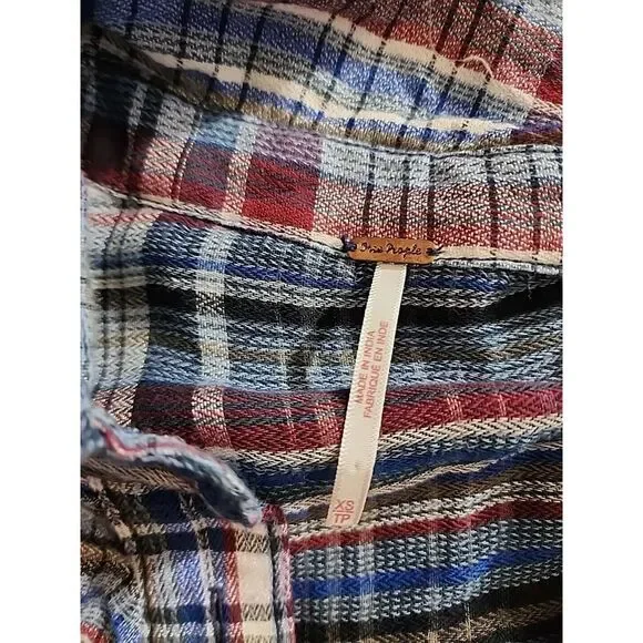 Free People Blue Pink Plaid Patchwork‎ Hooded Popover Blouse Top Size XS - Picture 3 of 10
